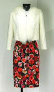 etuikleid-mit-jacke-und-tibetlamm, Kleid mit Rosenmuster Pink und rot, festliches Kleid,